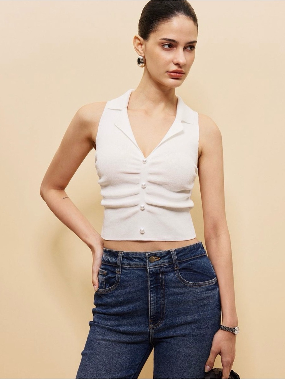 Commense Sleeveless Button-Front Crop Sweater Vest
